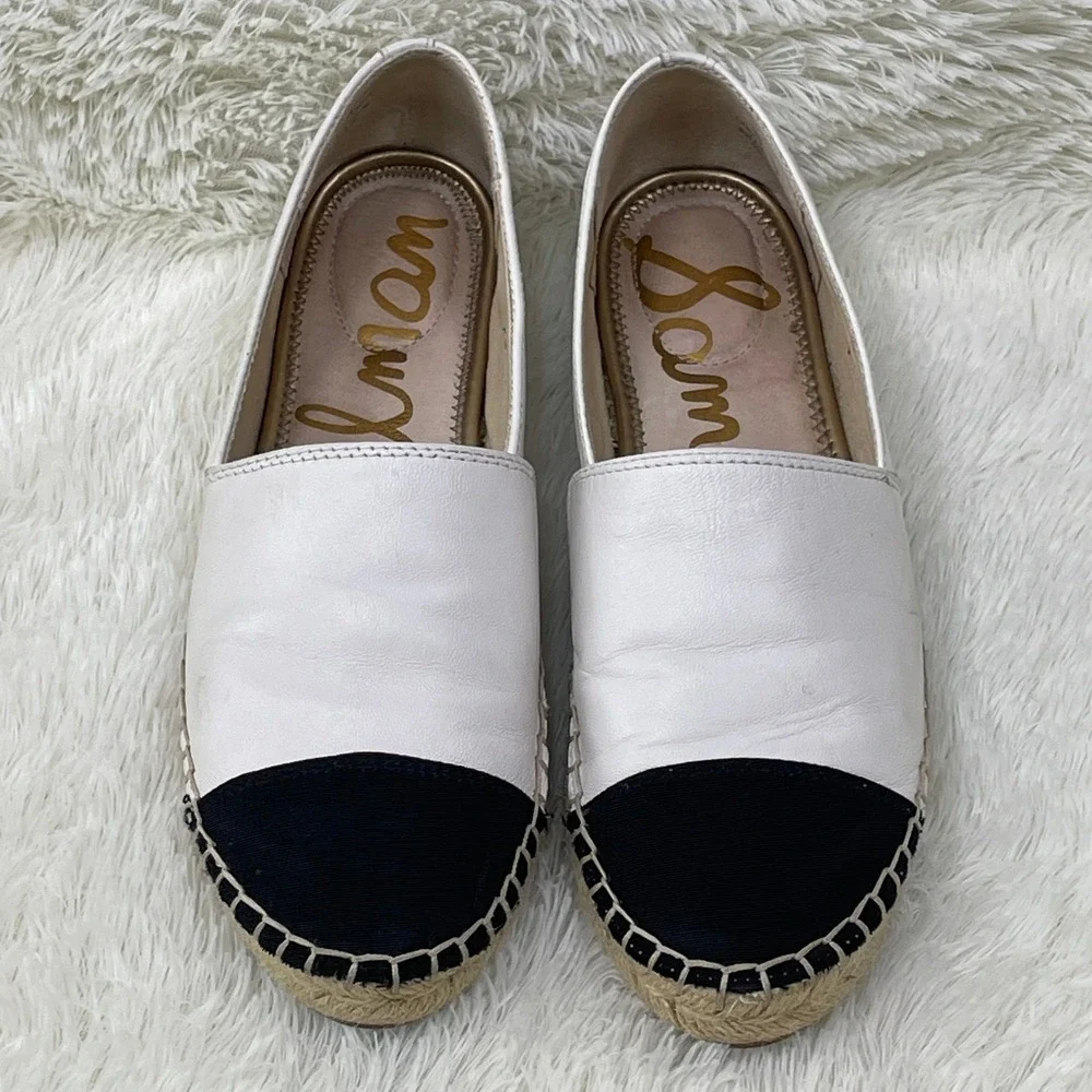 Sam Edelman Krissy Espadrille Women 8 White Black‎ Good Cap Toe Leather Flats